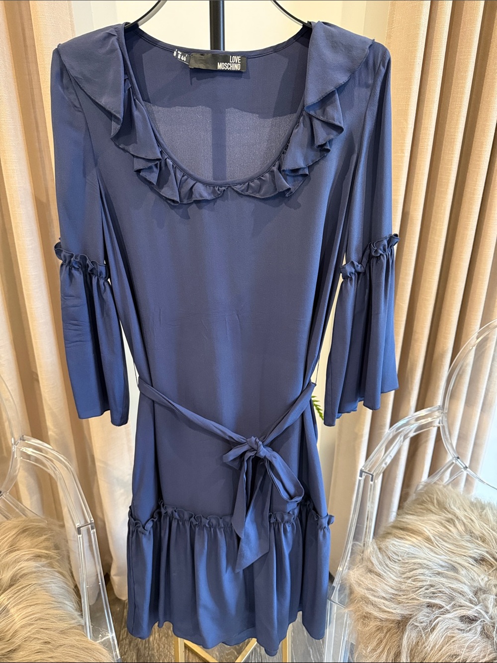 Love Moschino Navy Ruffle-Trim Tie-Waist Midi Dress